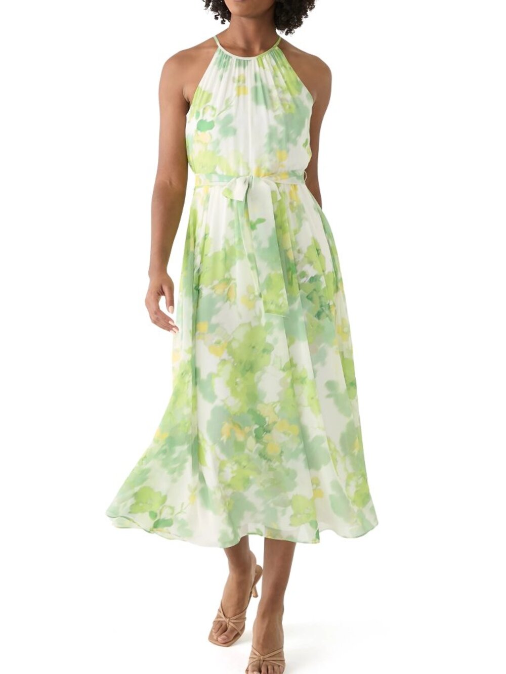 DKNY Women's Sleeveless Halter Floral Print Midi Fit and Flare Dress NWT